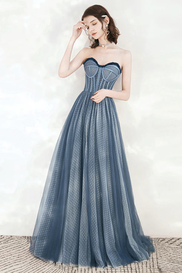 Blue Sweetheart Neckline Tulle Long Prom Dress A-Line Strapless Evening Dress